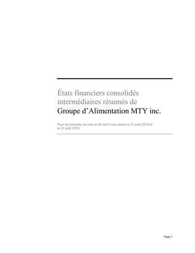 Miniature MTY Food Group Bilan financier 2019-q3