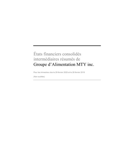 Miniature MTY Food Group Bilan financier 2020-q1