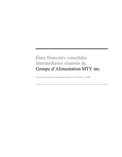 Miniature MTY Food Group Bilan financier 2021-q2