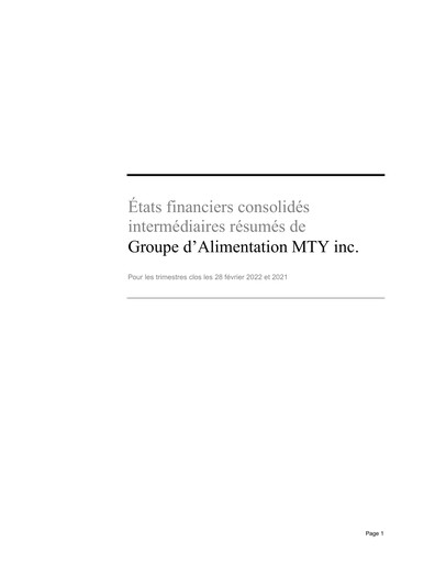 Miniature MTY Food Group Bilan financier 2022-q1