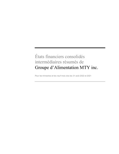 Miniature MTY Food Group Bilan financier 2022-q3