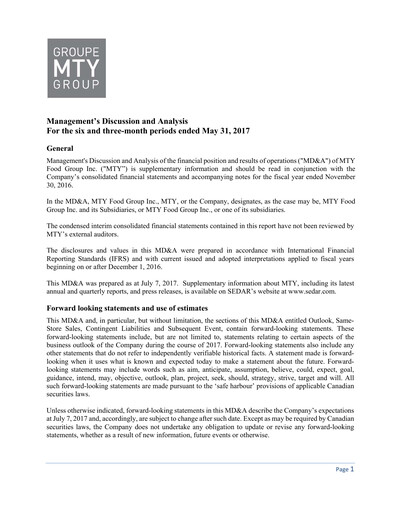Thumbnail MTY Food Group Quarterly Report 2017-q2
