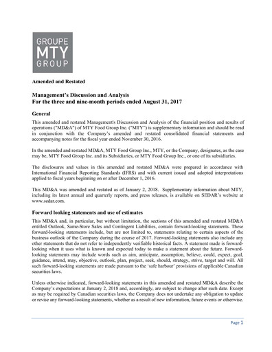Thumbnail MTY Food Group Quarterly Report 2017-q3
