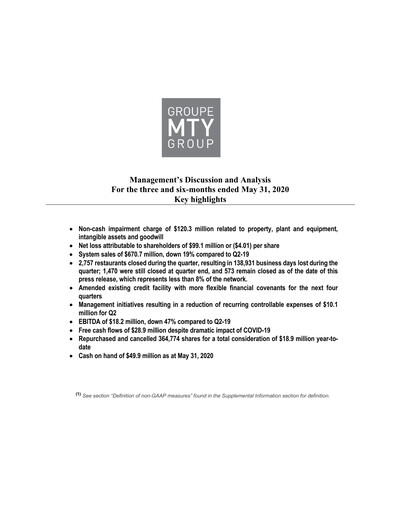 Thumbnail MTY Food Group Quarterly Report 2020-q2