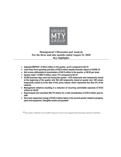 Thumbnail MTY Food Group Quarterly Report 2020-q3