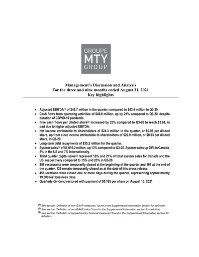 Thumbnail MTY Food Group Quarterly Report 2021-q3