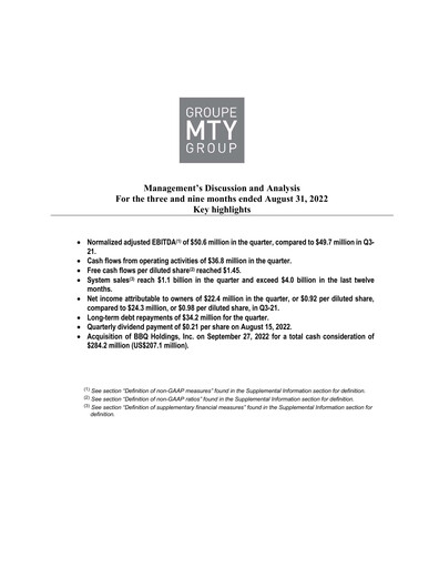 Thumbnail MTY Food Group Quarterly Report 2022-q3