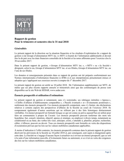 Thumbnail MTY Food Group Quarterly Report 2018-q2