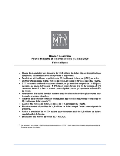 Thumbnail MTY Food Group Quarterly Report 2020-q2