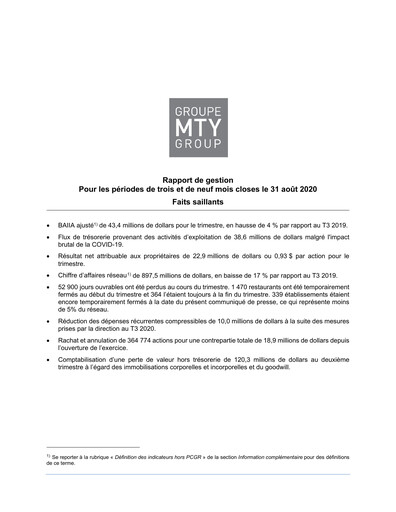 Thumbnail MTY Food Group Quarterly Report 2020-q3