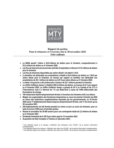 Thumbnail MTY Food Group Quarterly Report 2021-q4