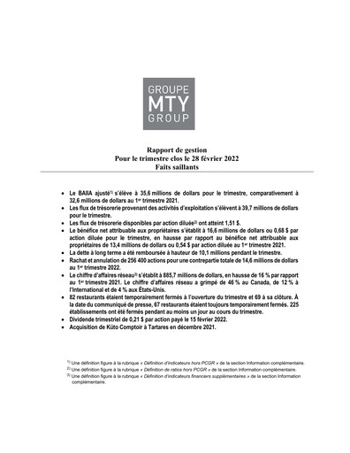 Thumbnail MTY Food Group Quarterly Report 2022-q1