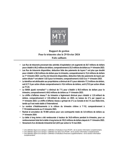 Thumbnail MTY Food Group Quarterly Report 2024-q1