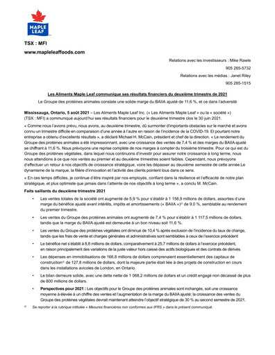 Vorschaubild Maple Leaf Foods Quartalsbericht 2021-q2
