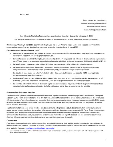 Vorschaubild Maple Leaf Foods Quartalsbericht 2026-q1