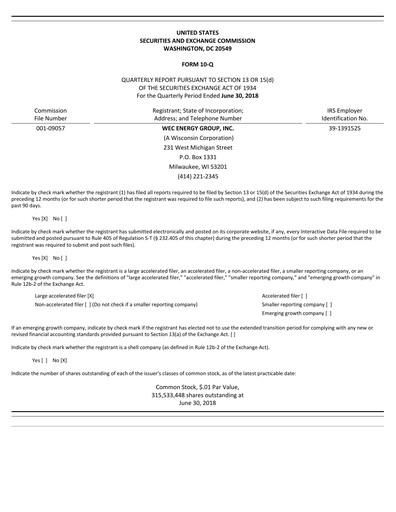 Thumbnail WEC Energy Group Quarterly Report 2018-q2