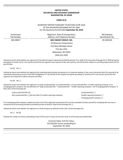 Thumbnail WEC Energy Group Quarterly Report 2018-q3