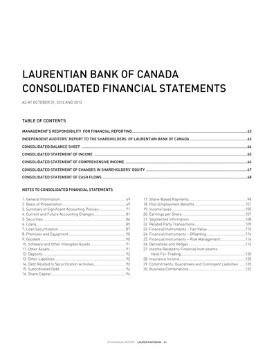 Thumbnail Laurentian Bank of Canada Financial Statement 2014
