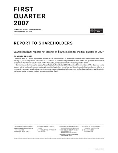 Thumbnail Laurentian Bank of Canada Quarterly Report 2007-q1