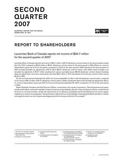 Thumbnail Laurentian Bank of Canada Quarterly Report 2007-q2