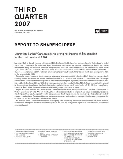 Thumbnail Laurentian Bank of Canada Quarterly Report 2007-q3