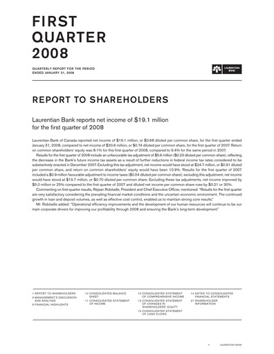 Thumbnail Laurentian Bank of Canada Quarterly Report 2008-q1