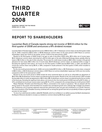 Thumbnail Laurentian Bank of Canada Quarterly Report 2008-q3