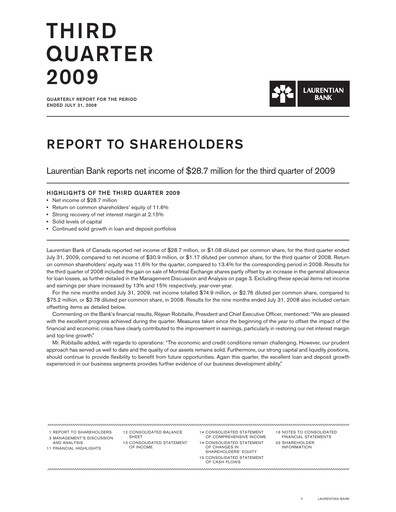 Thumbnail Laurentian Bank of Canada Quarterly Report 2009-q3