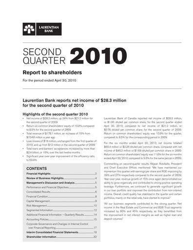 Thumbnail Laurentian Bank of Canada Quarterly Report 2010-q2