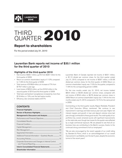 Thumbnail Laurentian Bank of Canada Quarterly Report 2010-q3