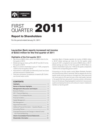 Thumbnail Laurentian Bank of Canada Quarterly Report 2011-q1