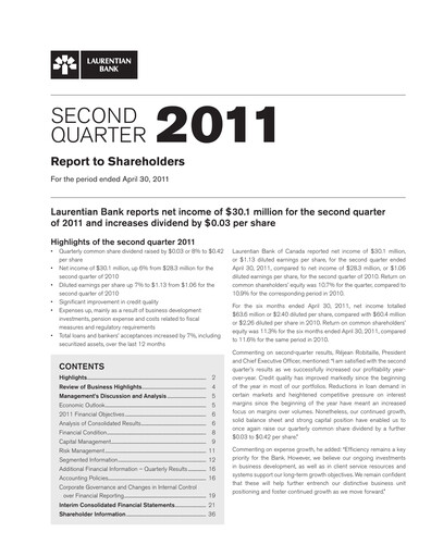 Thumbnail Laurentian Bank of Canada Quarterly Report 2011-q2