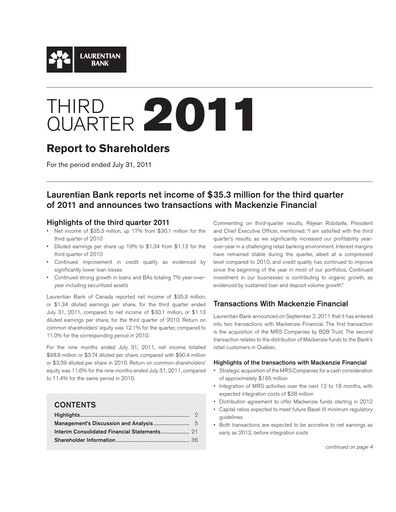 Thumbnail Laurentian Bank of Canada Quarterly Report 2011-q3