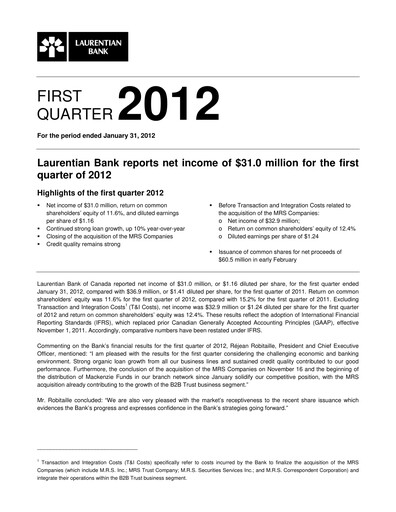 Thumbnail Laurentian Bank of Canada Quarterly Report 2012-q1