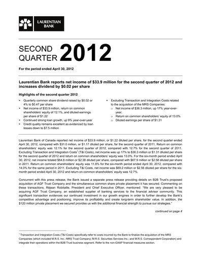 Thumbnail Laurentian Bank of Canada Quarterly Report 2012-q2