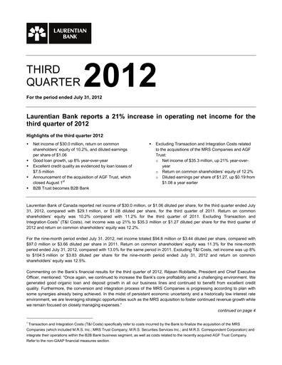 Thumbnail Laurentian Bank of Canada Quarterly Report 2012-q3