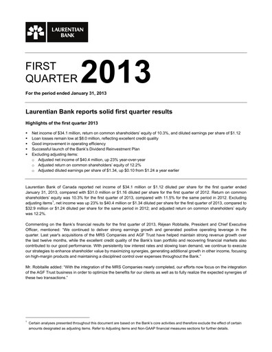 Thumbnail Laurentian Bank of Canada Quarterly Report 2013-q1
