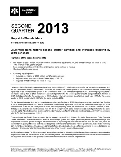 Thumbnail Laurentian Bank of Canada Quarterly Report 2013-q2