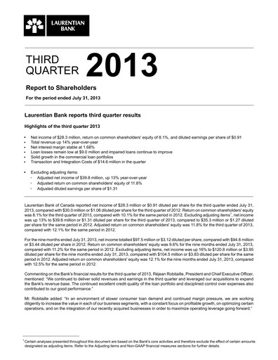 Thumbnail Laurentian Bank of Canada Quarterly Report 2013-q3