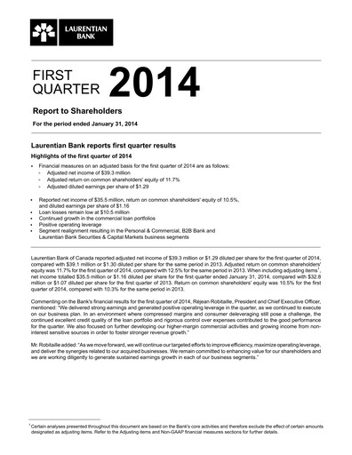Thumbnail Laurentian Bank of Canada Quarterly Report 2014-q1
