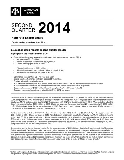Thumbnail Laurentian Bank of Canada Quarterly Report 2014-q2