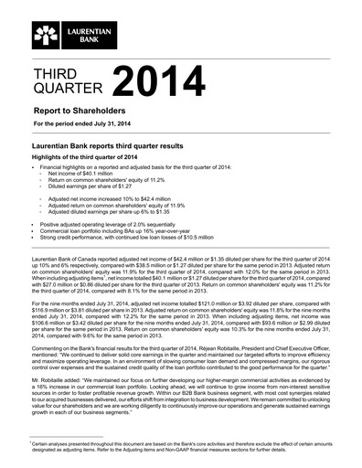 Thumbnail Laurentian Bank of Canada Quarterly Report 2014-q3