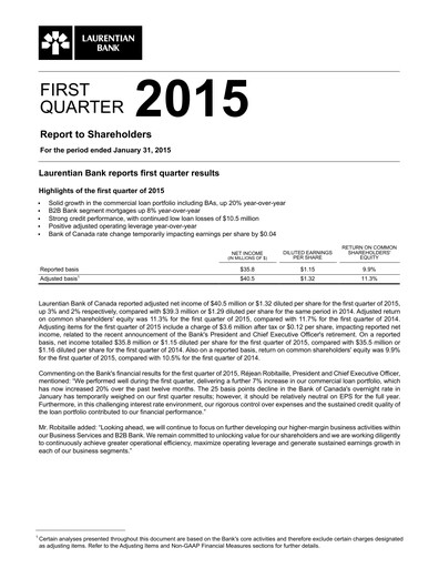 Thumbnail Laurentian Bank of Canada Quarterly Report 2015-q1