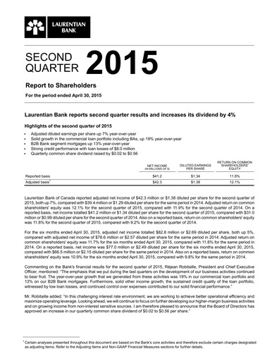 Thumbnail Laurentian Bank of Canada Quarterly Report 2015-q2