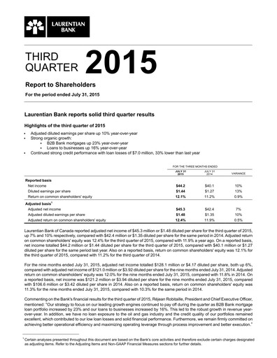 Thumbnail Laurentian Bank of Canada Quarterly Report 2015-q3