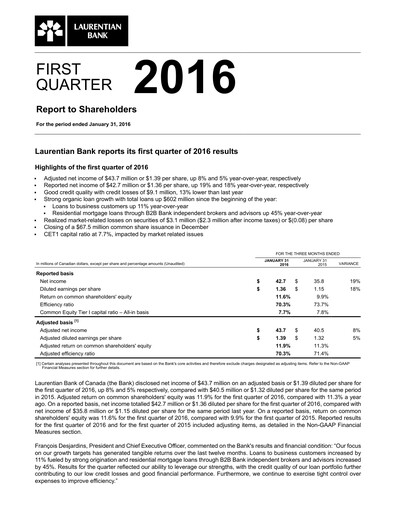 Thumbnail Laurentian Bank of Canada Quarterly Report 2016-q1