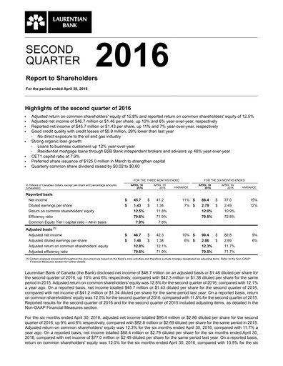 Thumbnail Laurentian Bank of Canada Quarterly Report 2016-q2