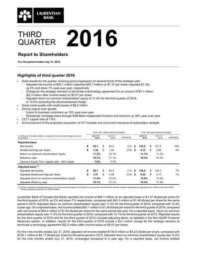 Thumbnail Laurentian Bank of Canada Quarterly Report 2016-q3