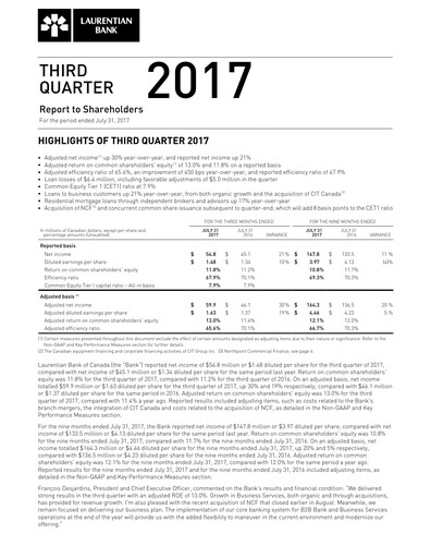 Thumbnail Laurentian Bank of Canada Quarterly Report 2017-q3