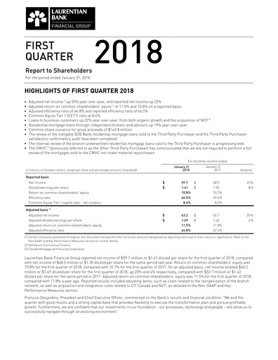 Thumbnail Laurentian Bank of Canada Quarterly Report 2018-q1